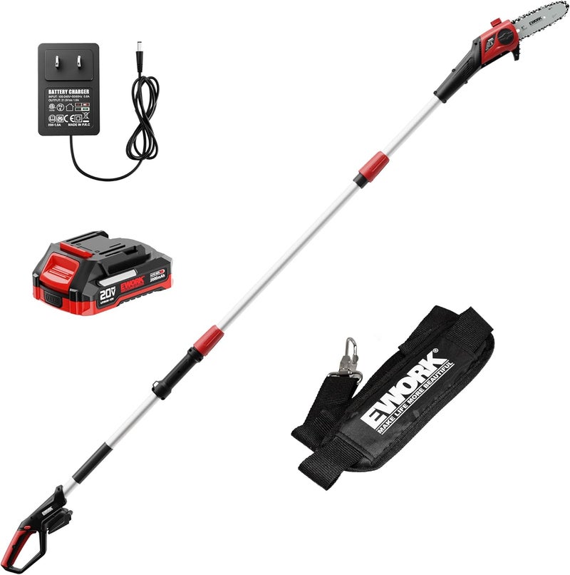 EWORK 20V 8-Inch Cordless Pole Saws for Tree Trimming, Extension Up to 14.2-Ft, Lightweight Only 6.5 Lbs, Auto Oiling Electric Pole Saw Battery Powered with Battery and Charger - EK-TT2008HH - Image 1